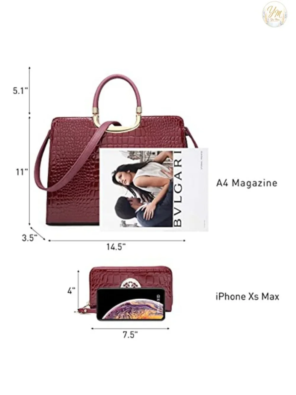 Vegan PU Croco Textured Satchel Purse with Matching Wallet Work Bag Shoulder